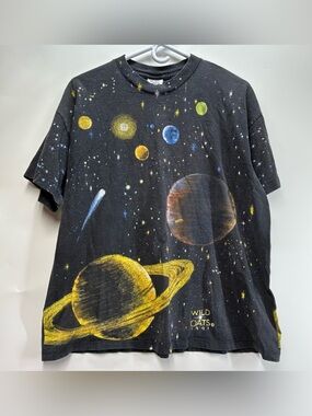 Vintage 1991 90s Wild Oats XL Space AOP All Over Print Tee T Shirt USA Planets